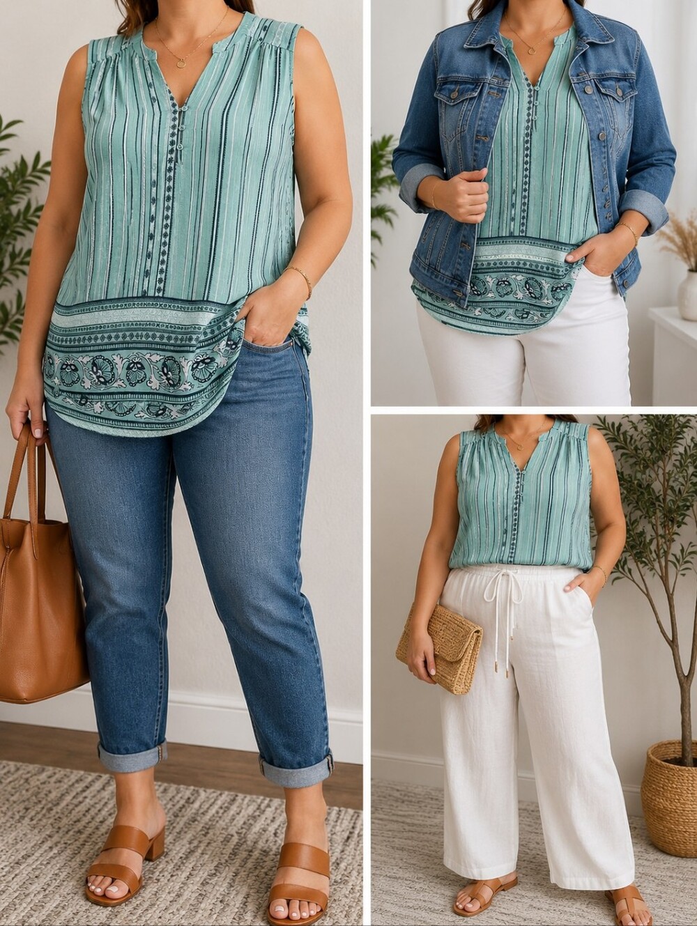 St. John's Bay XL Mint Green Sleeveless Henley Boho Top Stripe Floral Hem - Picture 2 of 16